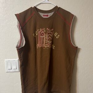 G by Guess Brown Sleeveless Graphic Tee with Red Accents